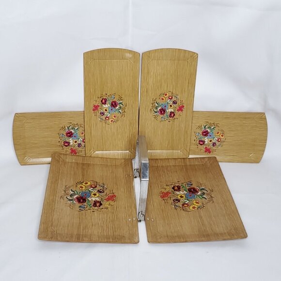 Floral Serving Trays Wood MCM Appetizers Starters Snacks Cottagecore Hasko (5) - Picture 1 of 8
